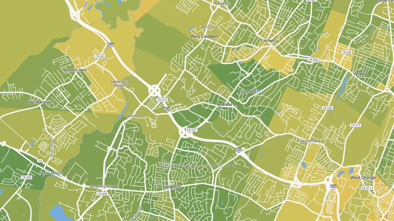 Map of the best neighborhoods in the Roseland area, with better matches in green and worse matches in red