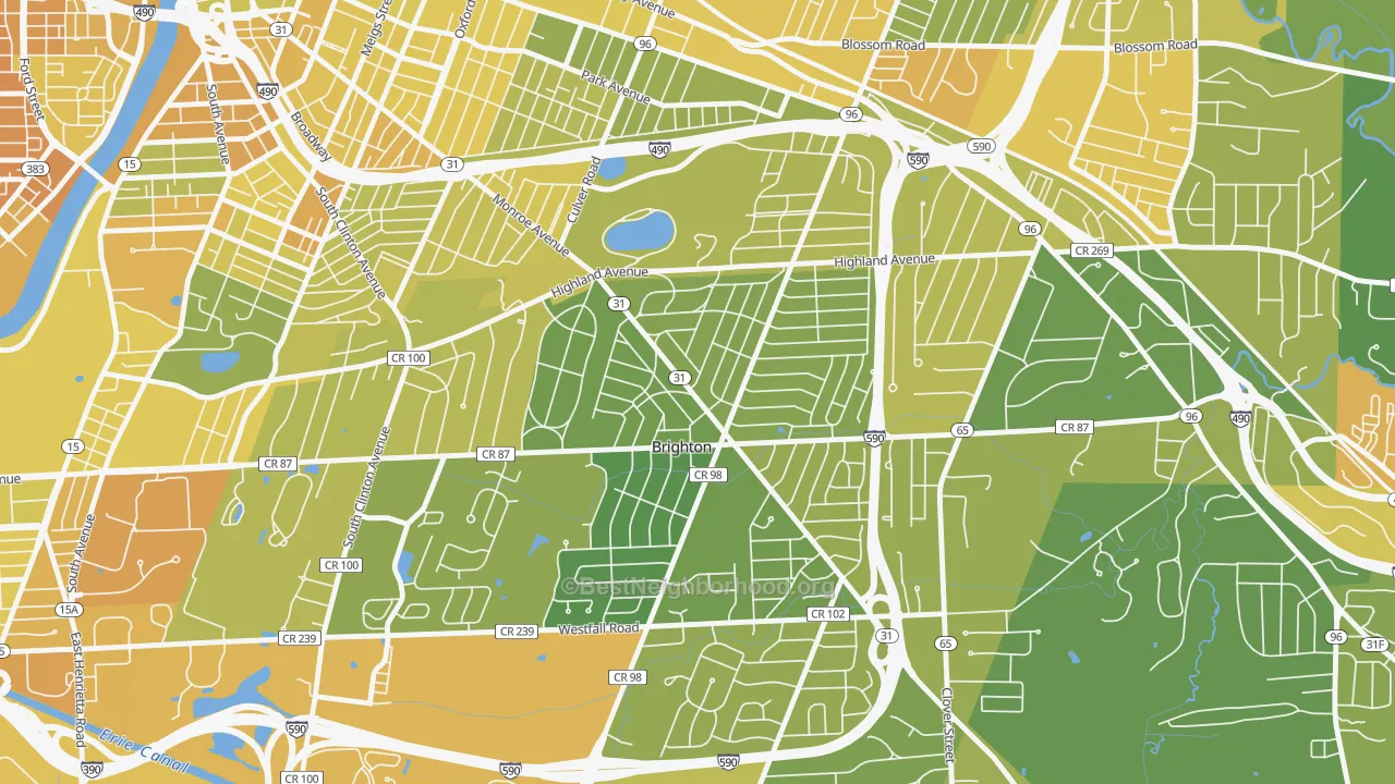 Map of the best neighborhoods in the Roselawn, Brighton area, with better matches in green and worse matches in red
