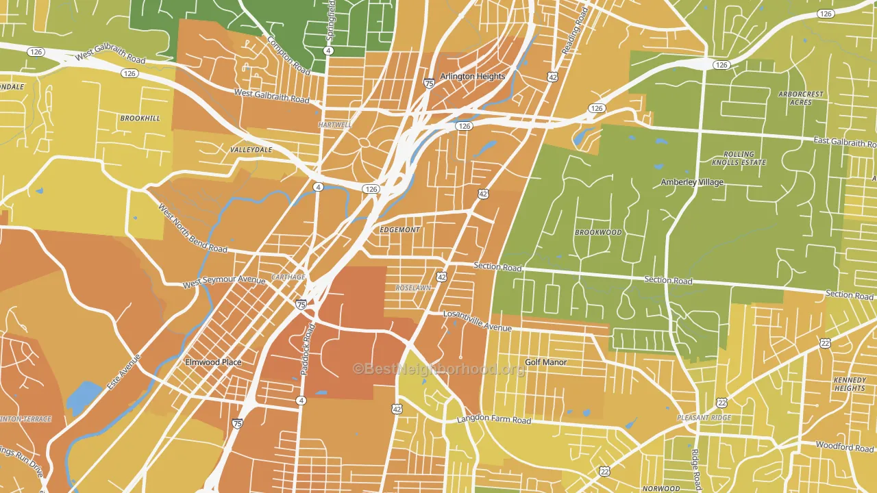 Map of the best neighborhoods in the Roselawn, Cincinnati area, with better matches in green and worse matches in red