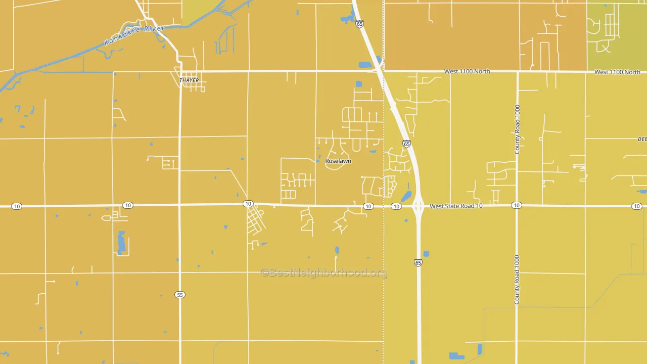 Map of the best neighborhoods in the Roselawn area, with better matches in green and worse matches in red