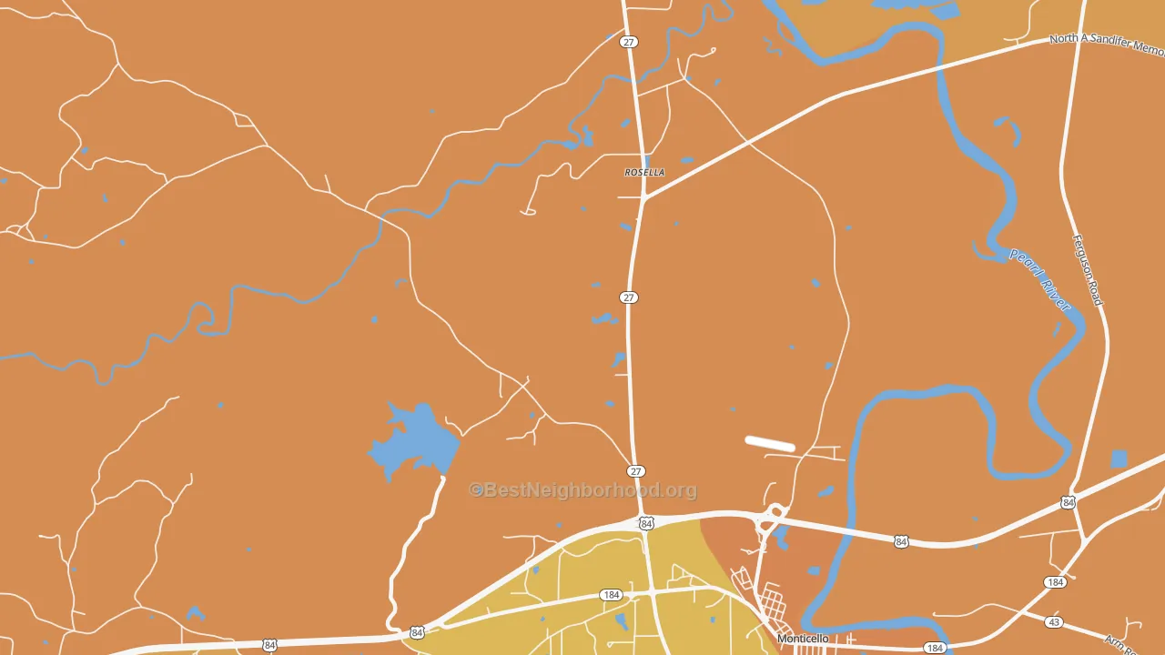 Map of the best neighborhoods in the Rosella area, with better matches in green and worse matches in red