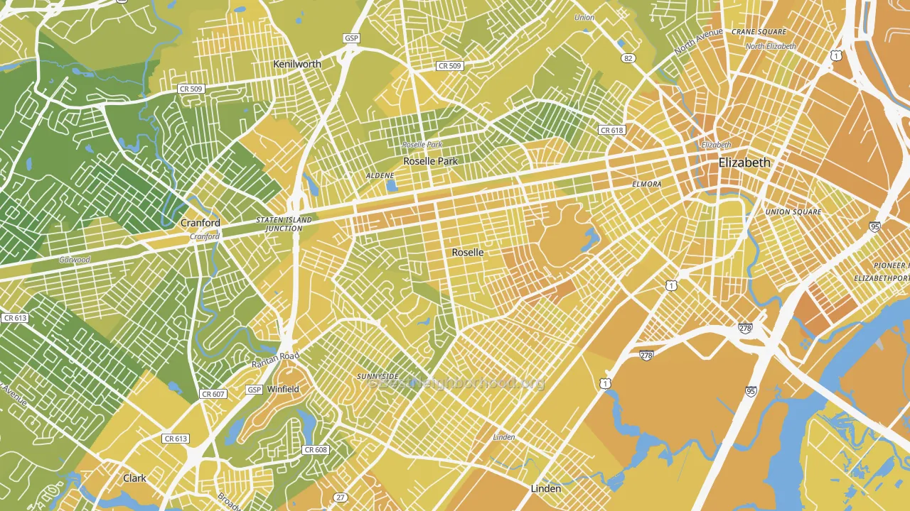 Map of the best neighborhoods in the Roselle area, with better matches in green and worse matches in red