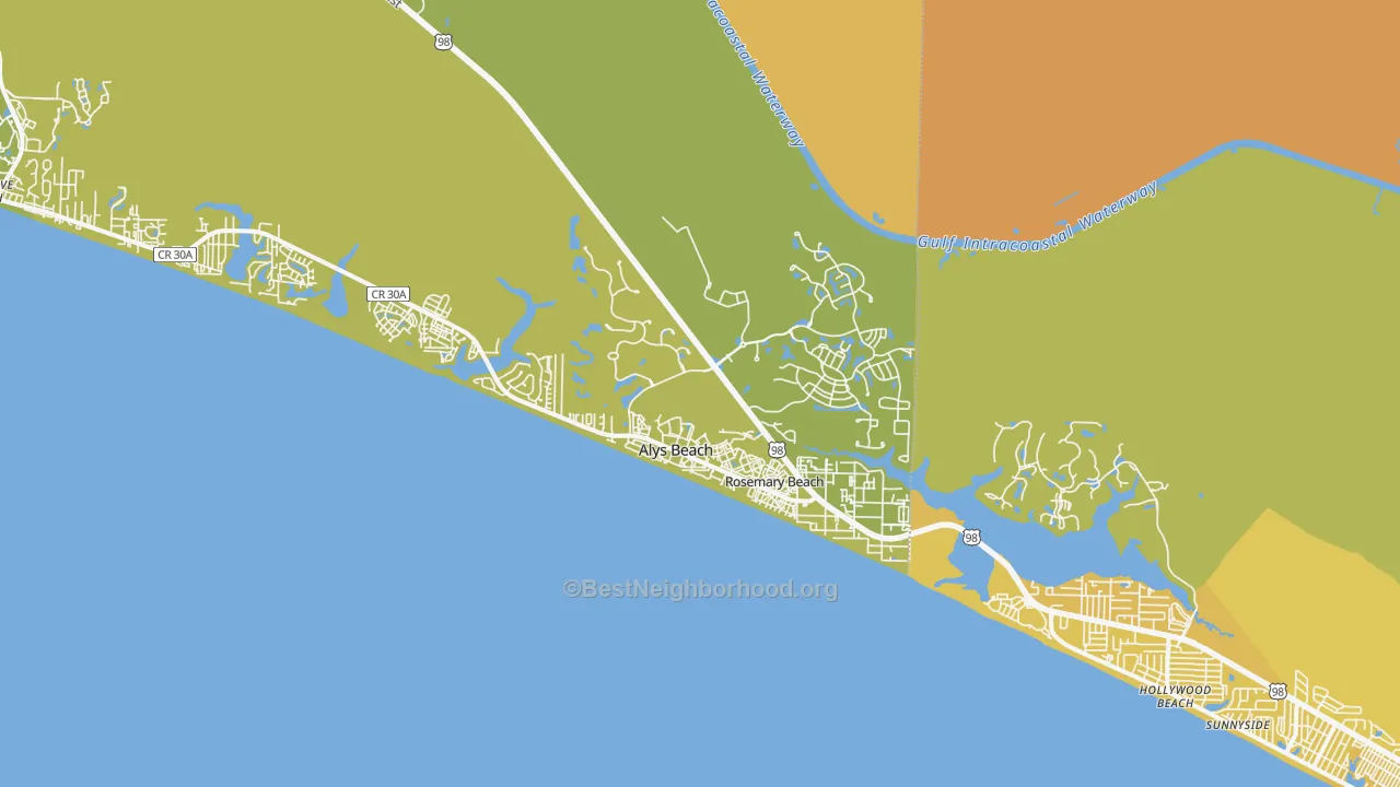Map of the best neighborhoods in the Rosemary Bch area, with better matches in green and worse matches in red