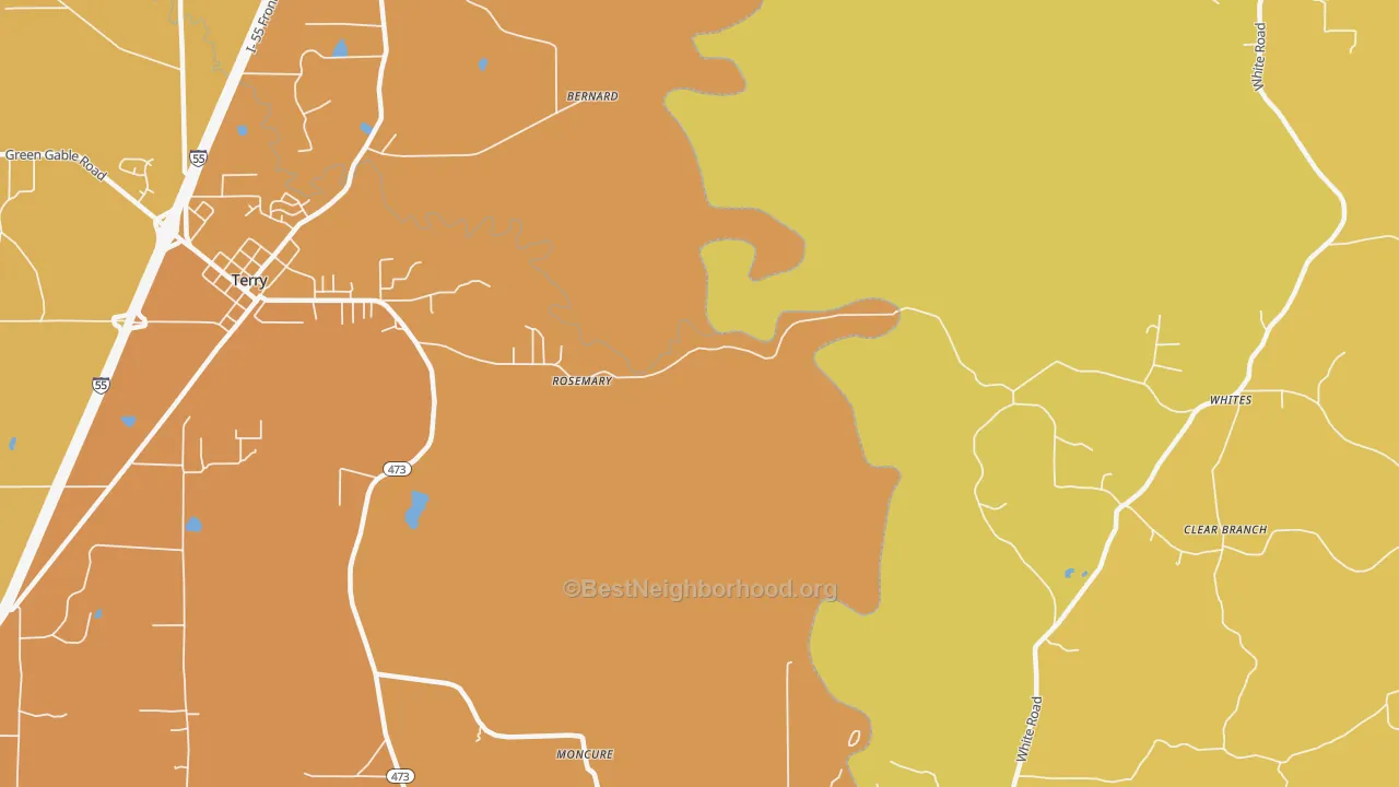Map of the best neighborhoods in the Rosemary area, with better matches in green and worse matches in red