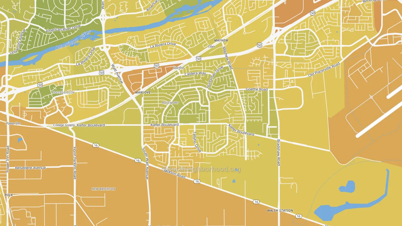 Map of the best neighborhoods in the Rosemont area, with better matches in green and worse matches in red