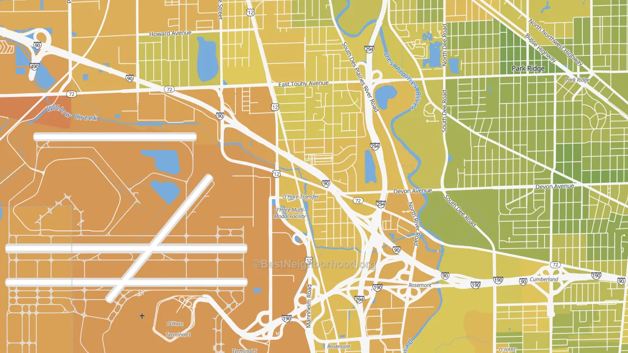 Map of the best neighborhoods in the Rosemont area, with better matches in green and worse matches in red
