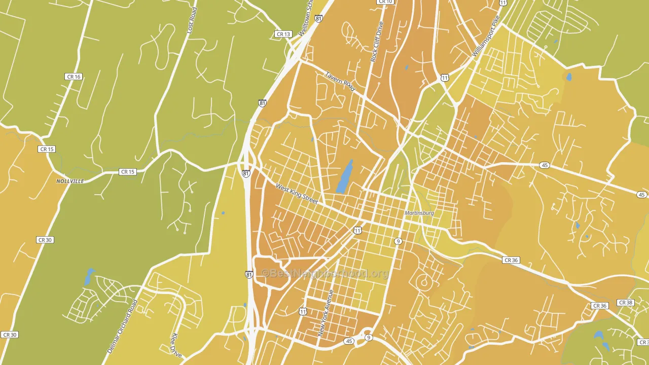 Map of the best neighborhoods in the Rosemont, Martinsburg area, with better matches in green and worse matches in red
