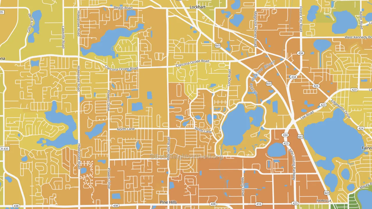 Map of the best neighborhoods in the Rosemont North, Orlando area, with better matches in green and worse matches in red