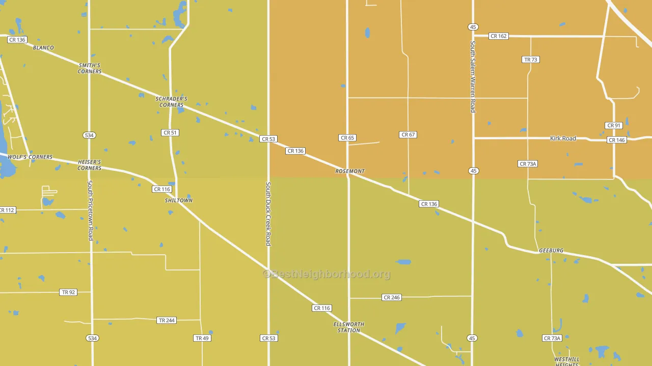 Map of the best neighborhoods in the Rosemont area, with better matches in green and worse matches in red