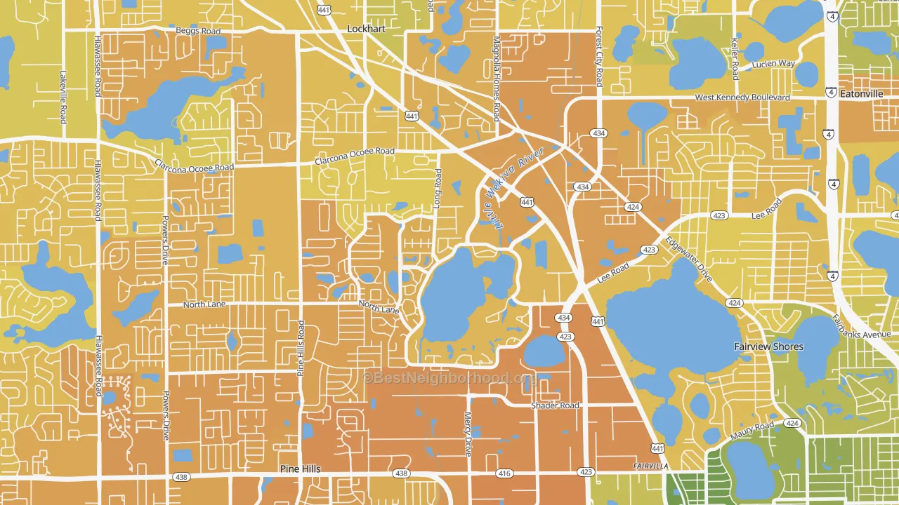 Map of the best neighborhoods in the Rosemont, Orlando area, with better matches in green and worse matches in red