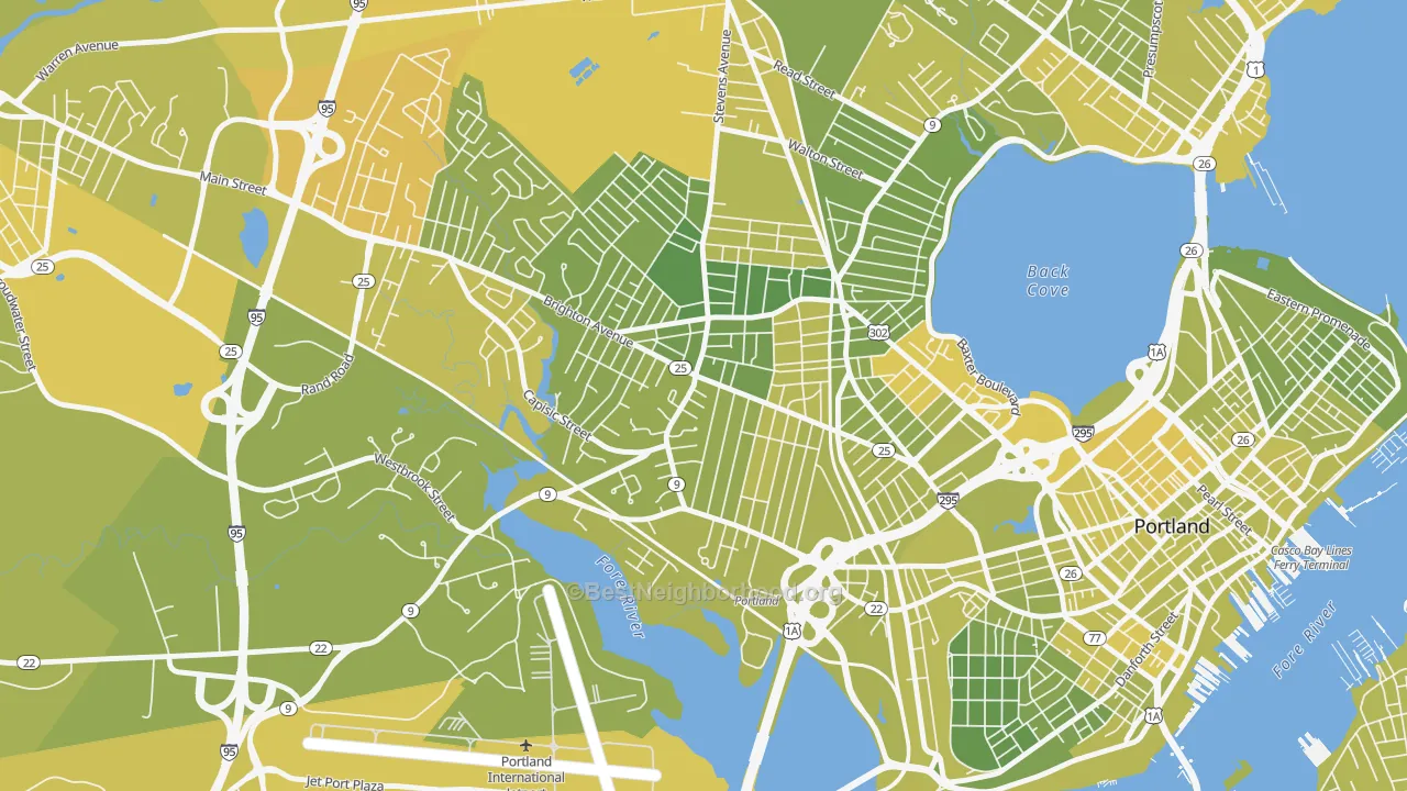 Map of the best neighborhoods in the Rosemont, Portland area, with better matches in green and worse matches in red