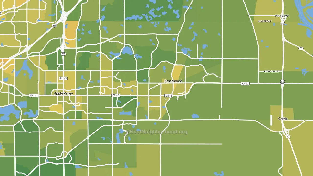 Map of the best neighborhoods in the Rosemount area, with better matches in green and worse matches in red