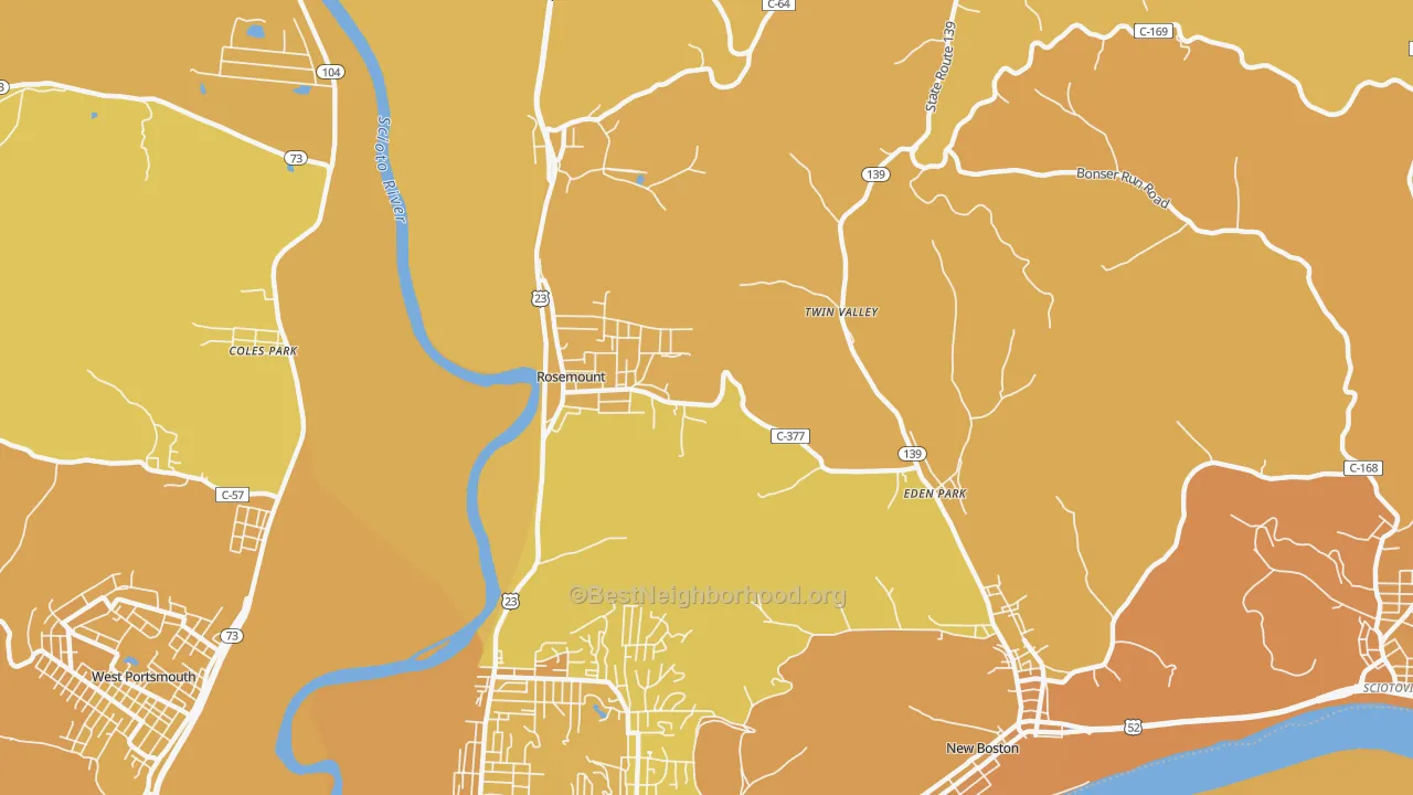 Map of the best neighborhoods in the Rosemount area, with better matches in green and worse matches in red