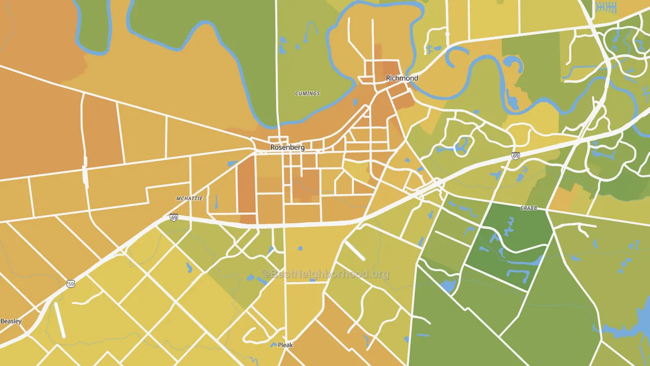 Map of the best neighborhoods in the Rosenberg area, with better matches in green and worse matches in red
