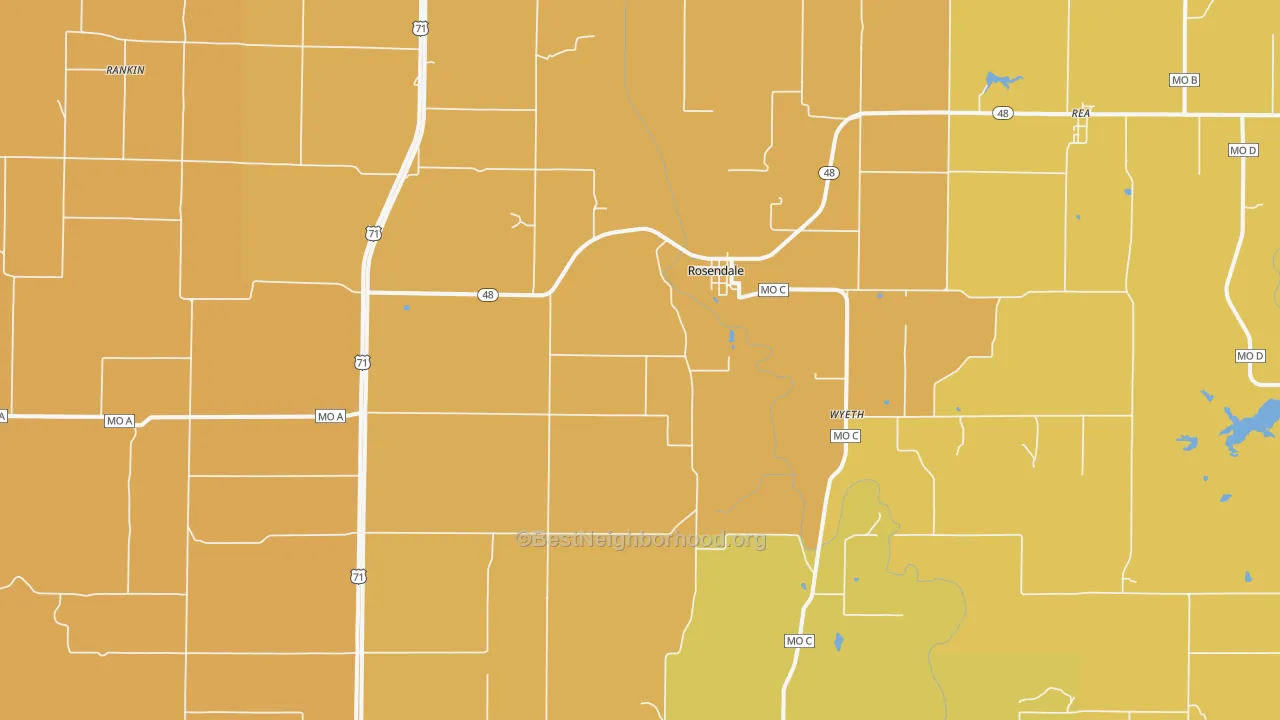Map of the best neighborhoods in the Rosendale area, with better matches in green and worse matches in red