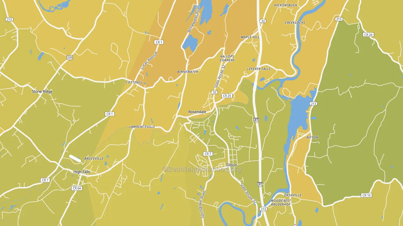 Map of the best neighborhoods in the Rosendale area, with better matches in green and worse matches in red
