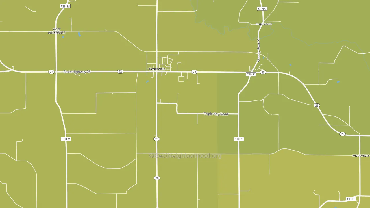 Map of the best neighborhoods in the Rosendale area, with better matches in green and worse matches in red