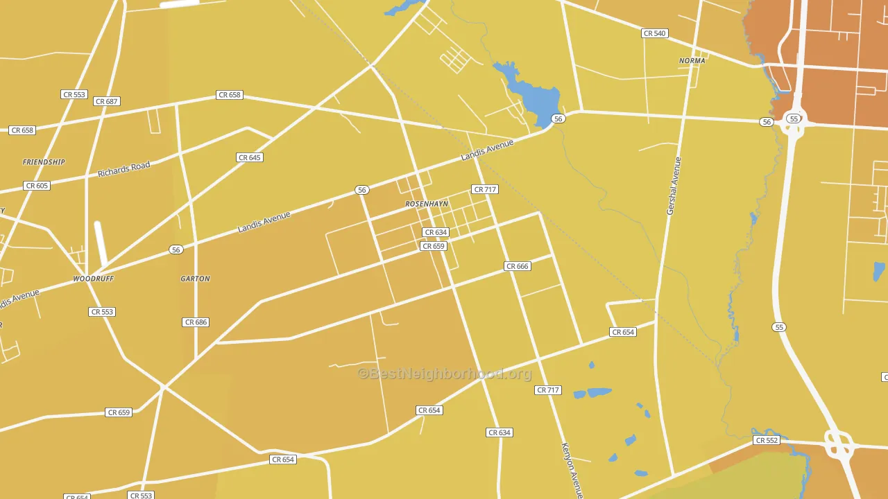 Map of the best neighborhoods in the Rosenhayn area, with better matches in green and worse matches in red
