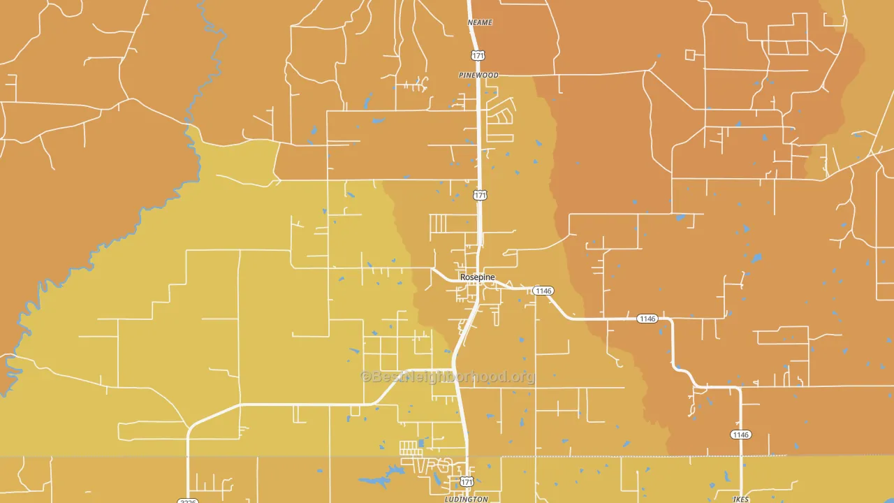 Map of the best neighborhoods in the Rosepine area, with better matches in green and worse matches in red
