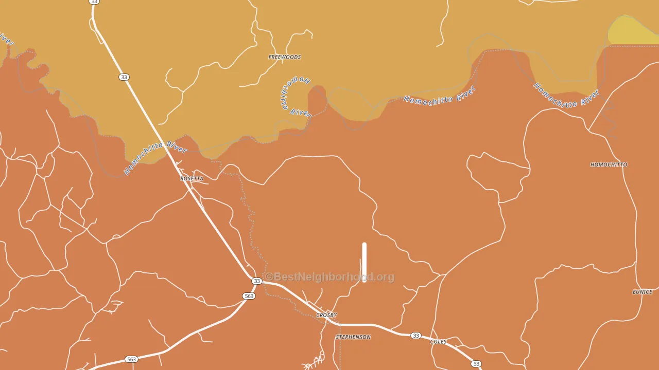 Map of the best neighborhoods in the Rosetta area, with better matches in green and worse matches in red