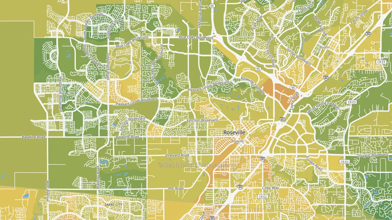 Map of the best neighborhoods in the Roseville area, with better matches in green and worse matches in red