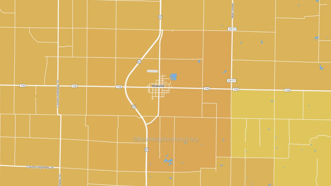 Map of the best neighborhoods in the Roseville area, with better matches in green and worse matches in red