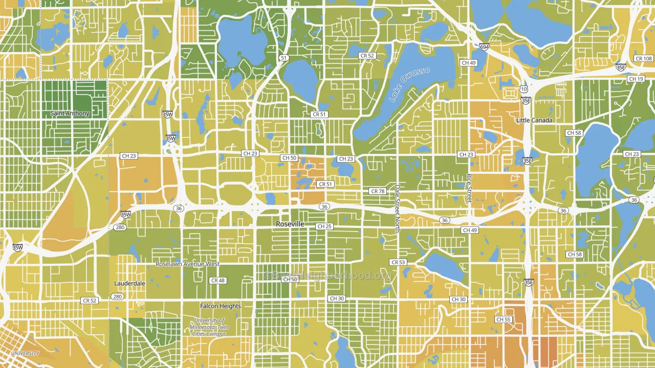 Map of the best neighborhoods in the Roseville area, with better matches in green and worse matches in red