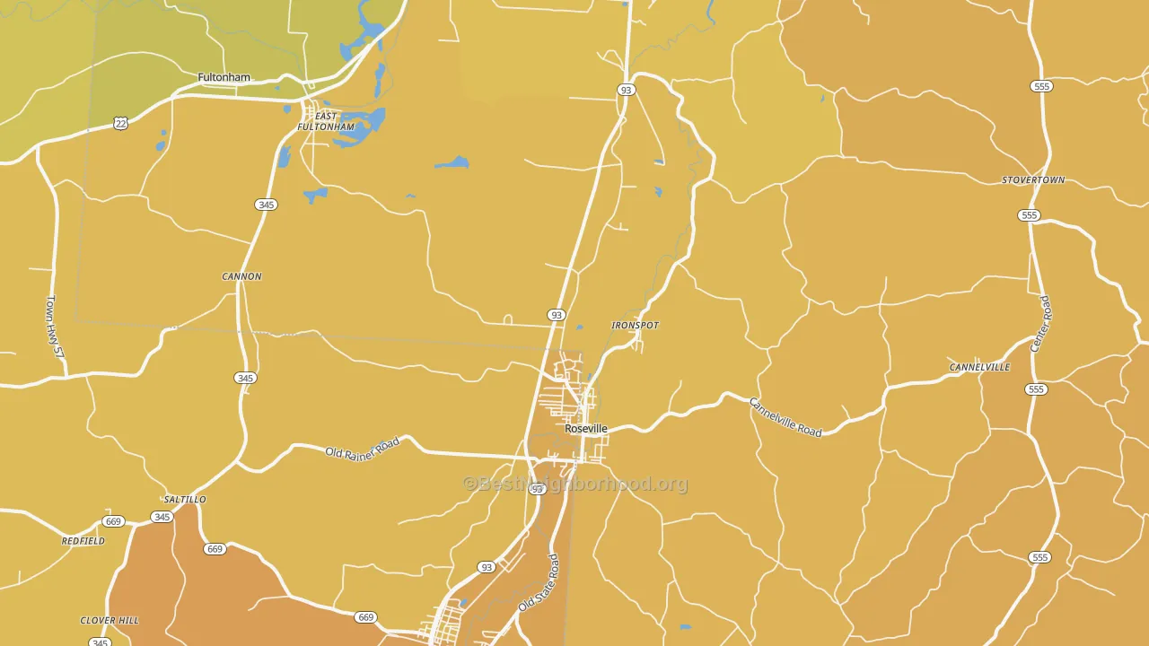 Map of the best neighborhoods in the Roseville area, with better matches in green and worse matches in red