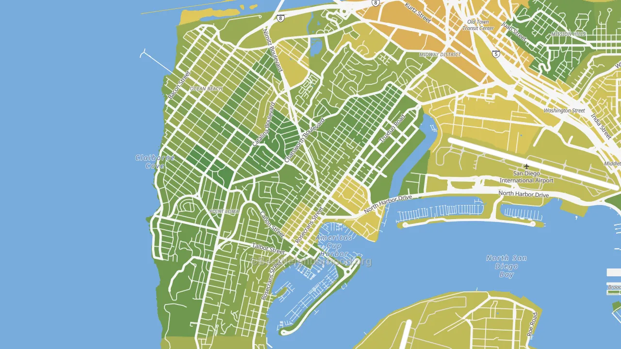 Map of the best neighborhoods in the Roseville, San Diego area, with better matches in green and worse matches in red