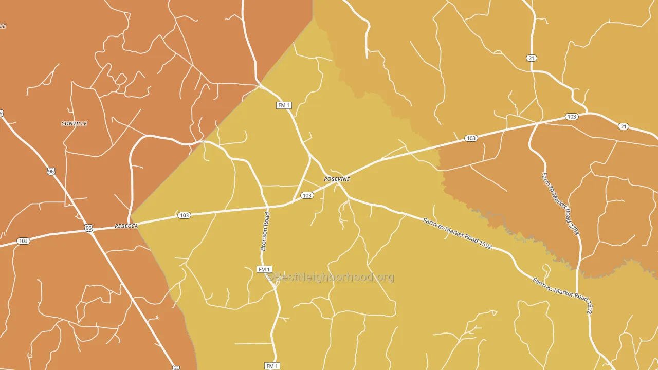 Map of the best neighborhoods in the Rosevine area, with better matches in green and worse matches in red