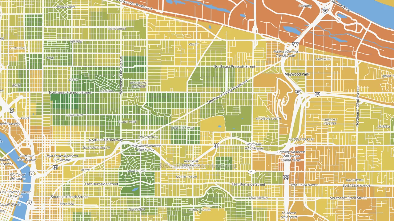 Map of the best neighborhoods in the Roseway, Portland area, with better matches in green and worse matches in red