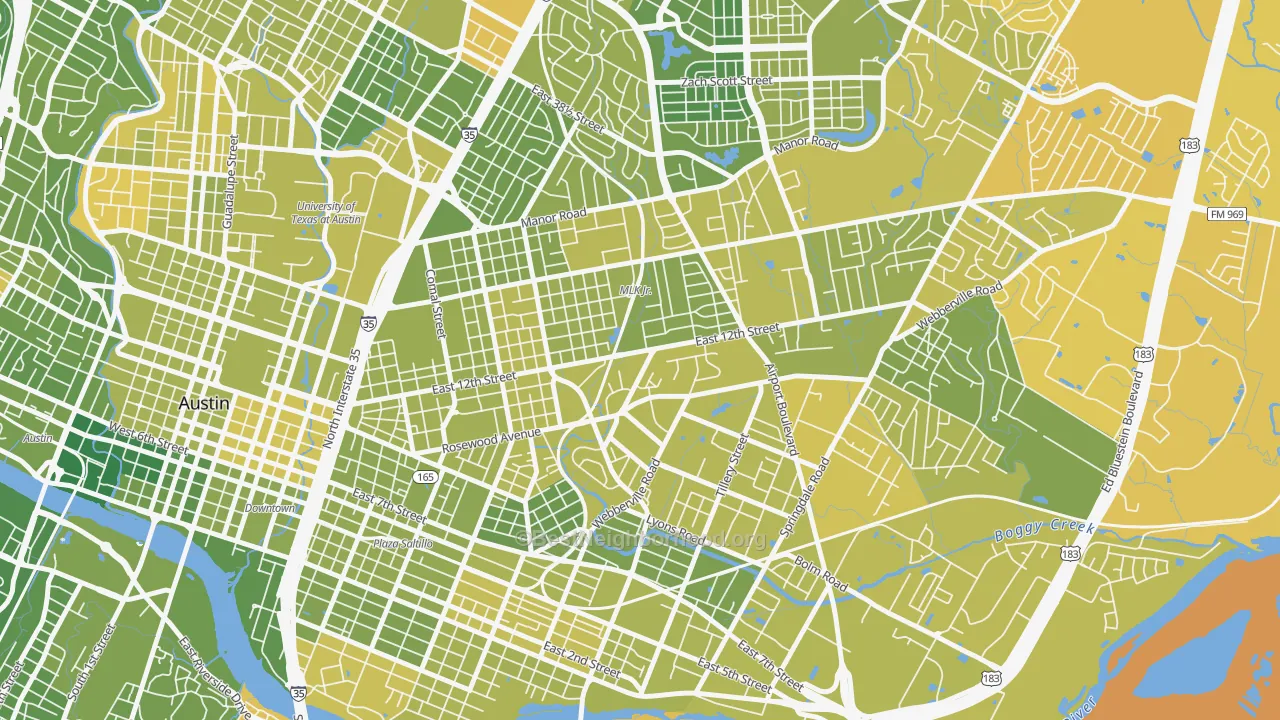 Map of the best neighborhoods in the Rosewood, Austin area, with better matches in green and worse matches in red