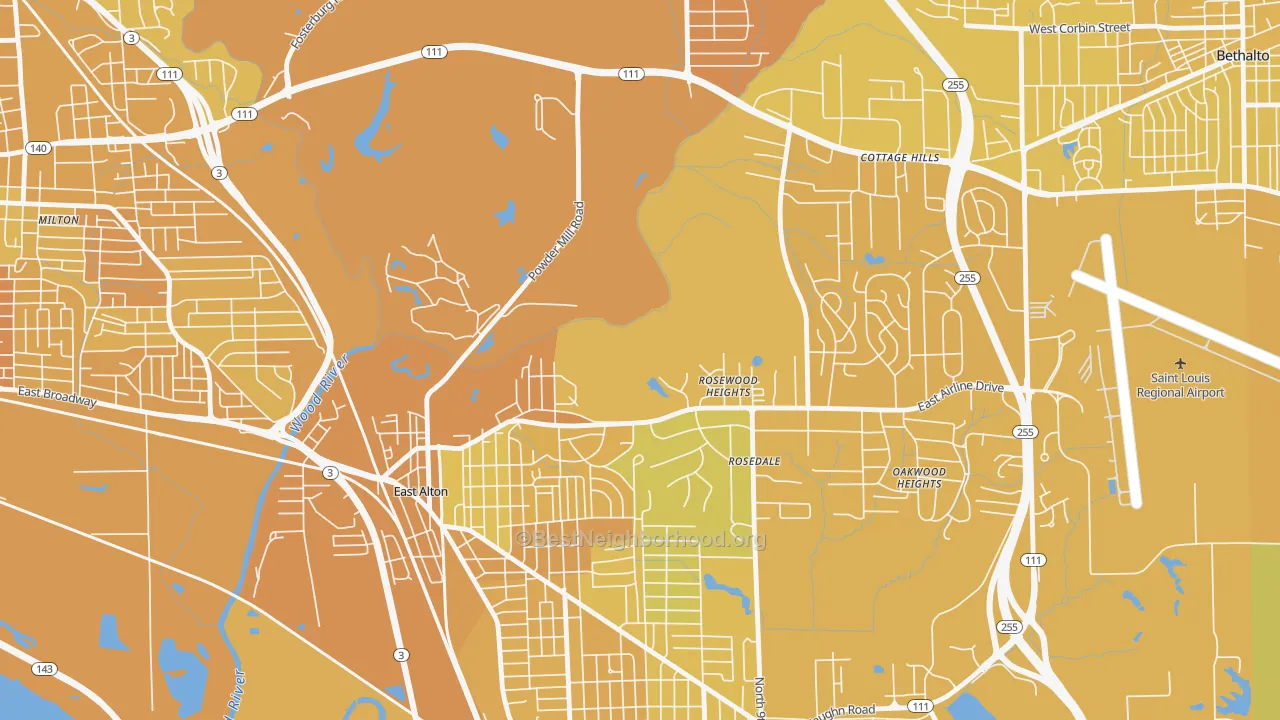 Map of the best neighborhoods in the Rosewood Heights area, with better matches in green and worse matches in red