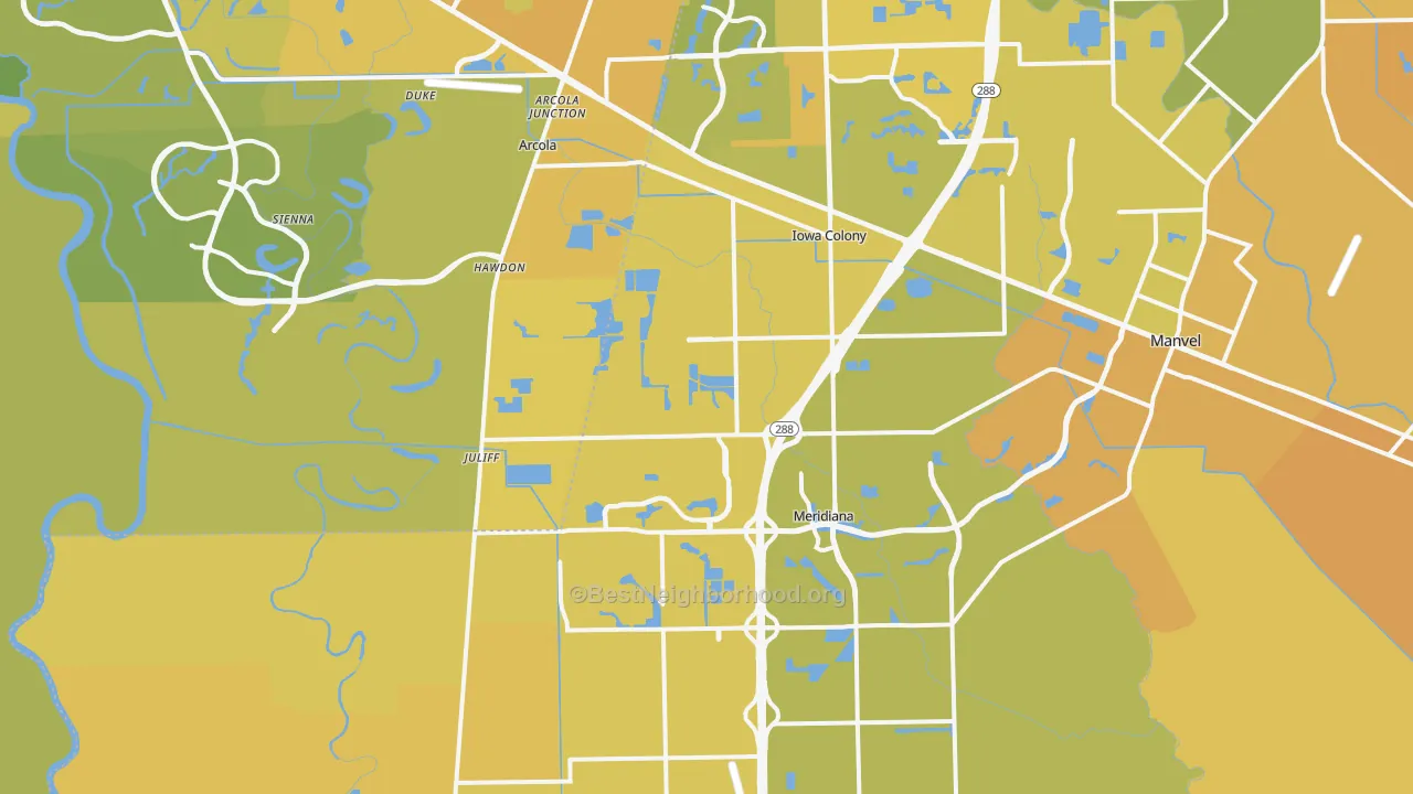 Map of the best neighborhoods in the Rosharon area, with better matches in green and worse matches in red