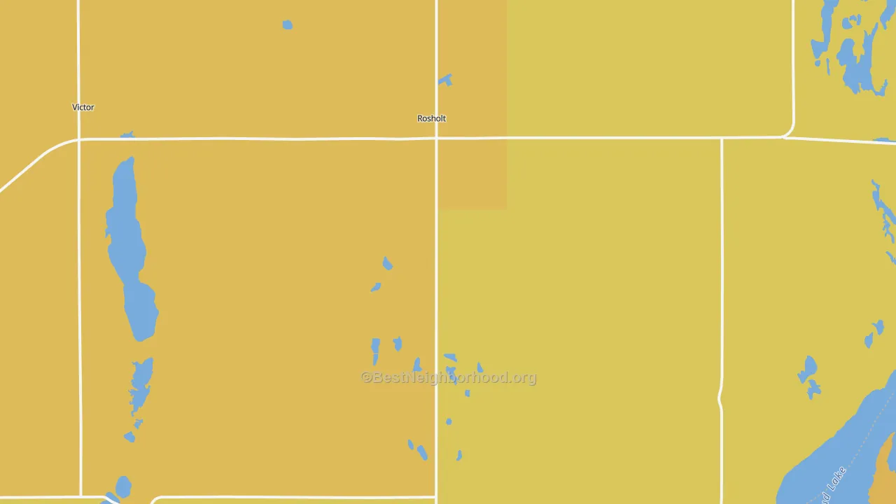 Map of the best neighborhoods in the Rosholt area, with better matches in green and worse matches in red