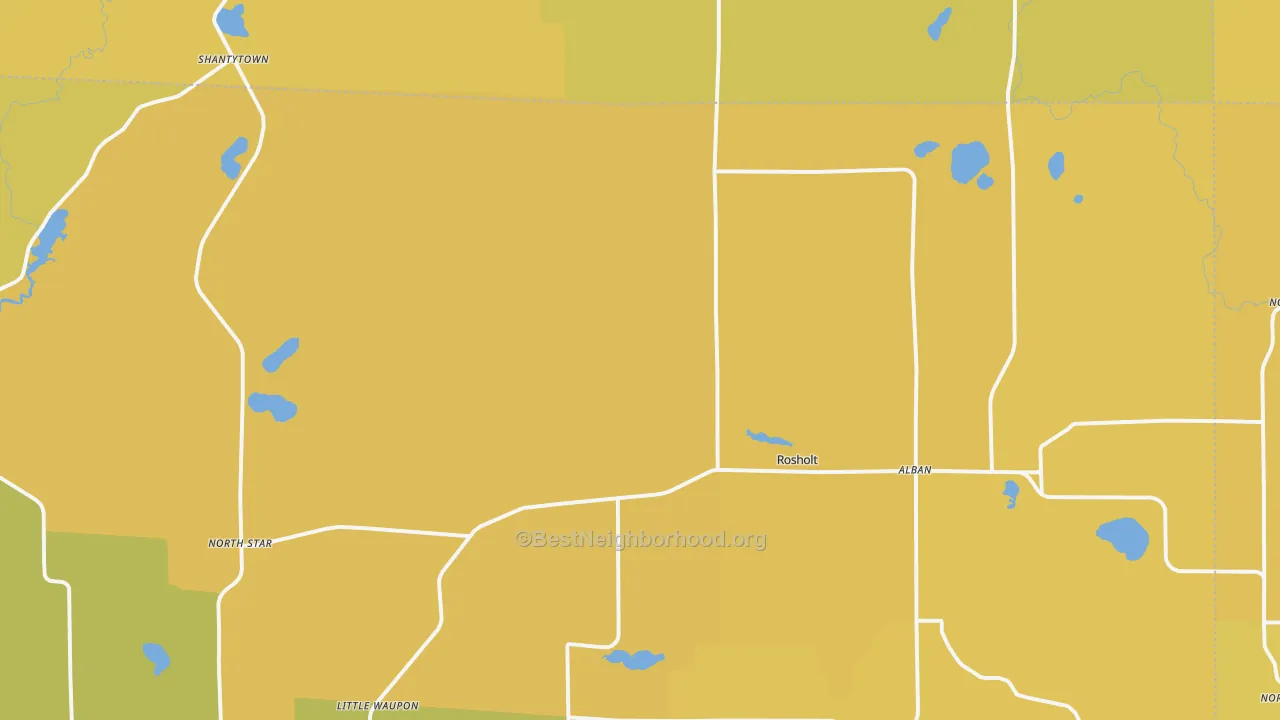 Map of the best neighborhoods in the Rosholt area, with better matches in green and worse matches in red