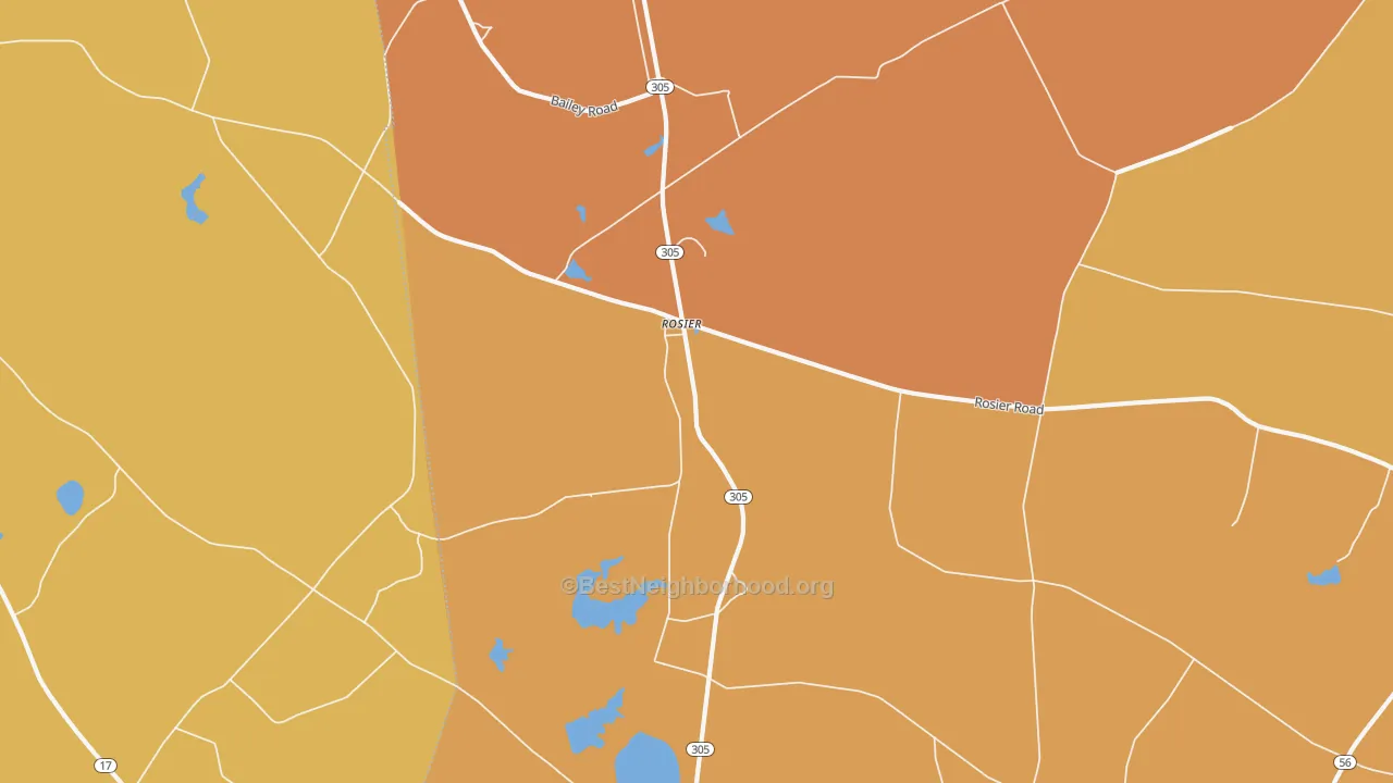 Map of the best neighborhoods in the Rosier area, with better matches in green and worse matches in red