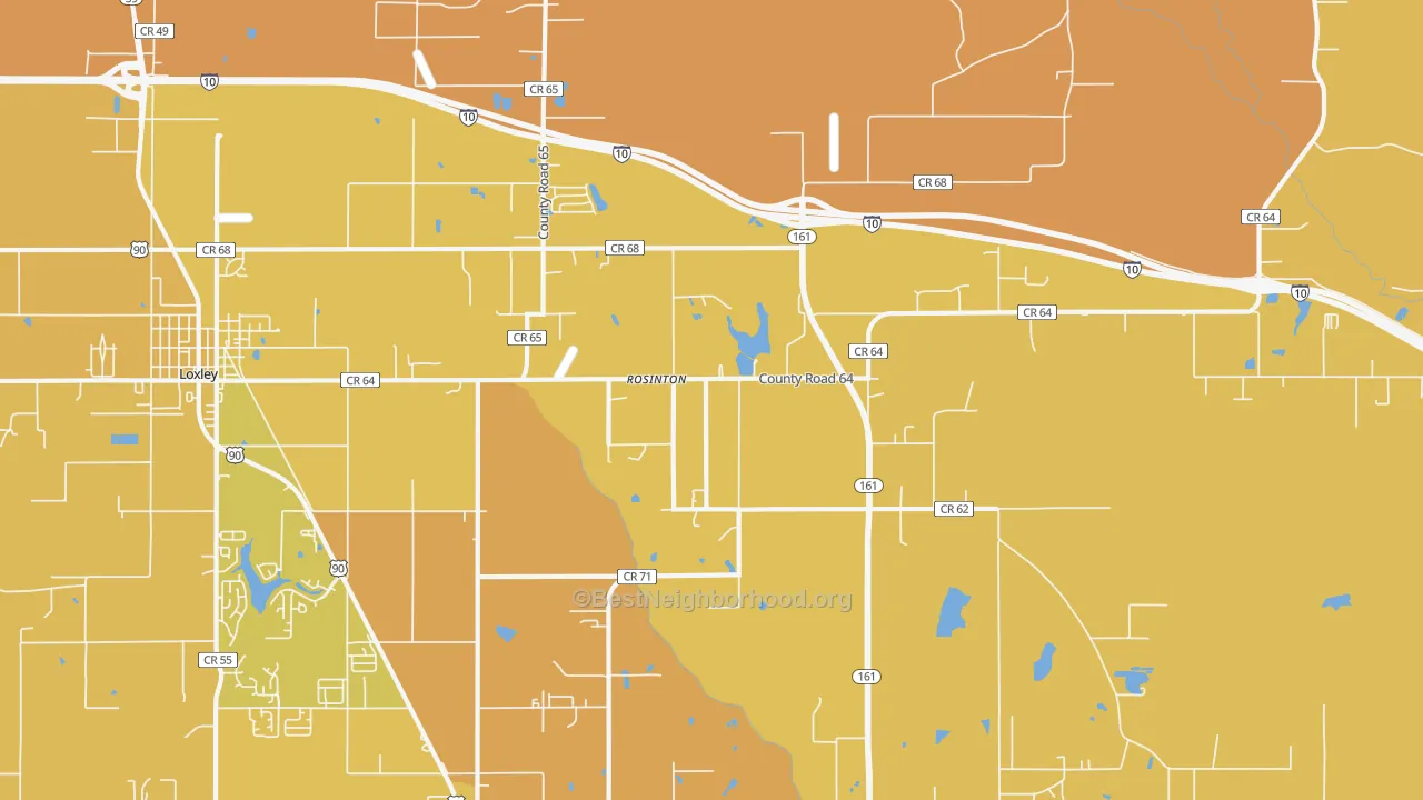 Map of the best neighborhoods in the Rosinton area, with better matches in green and worse matches in red