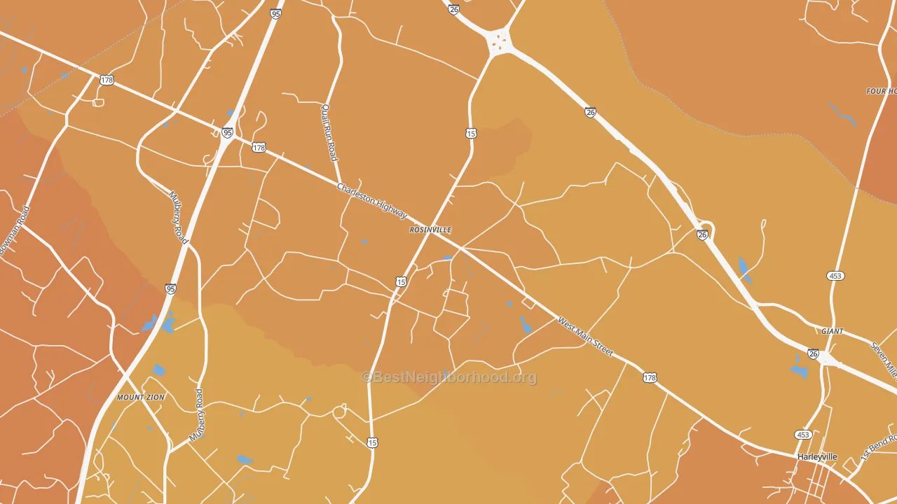 Map of the best neighborhoods in the Rosinville area, with better matches in green and worse matches in red