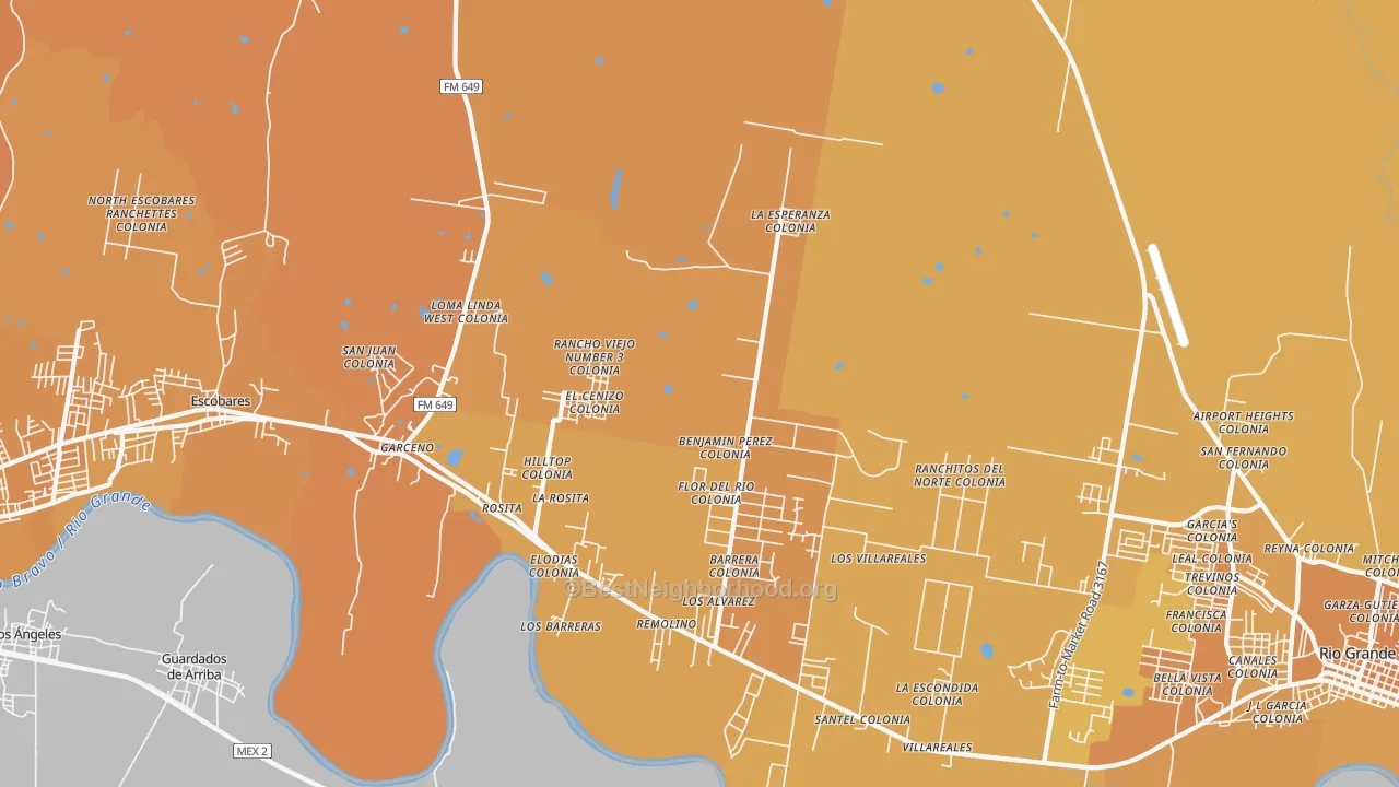 Map of the best neighborhoods in the Rosita area, with better matches in green and worse matches in red