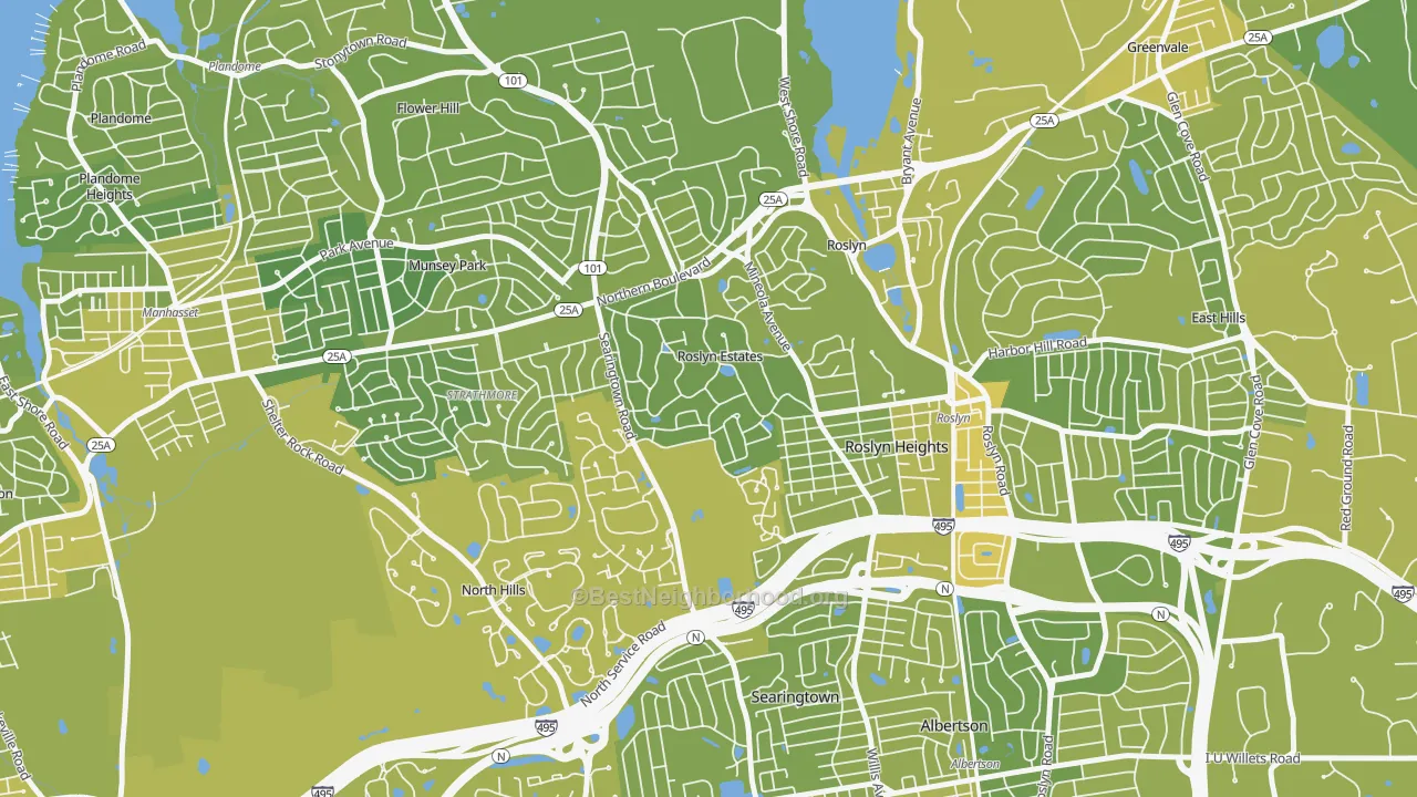 Map of the best neighborhoods in the Roslyn Estates area, with better matches in green and worse matches in red