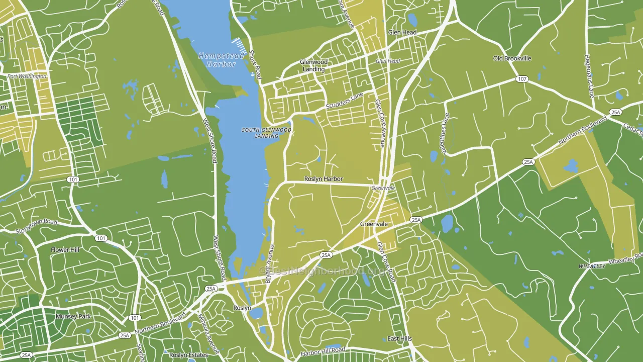 Map of the best neighborhoods in the Roslyn Harbor area, with better matches in green and worse matches in red