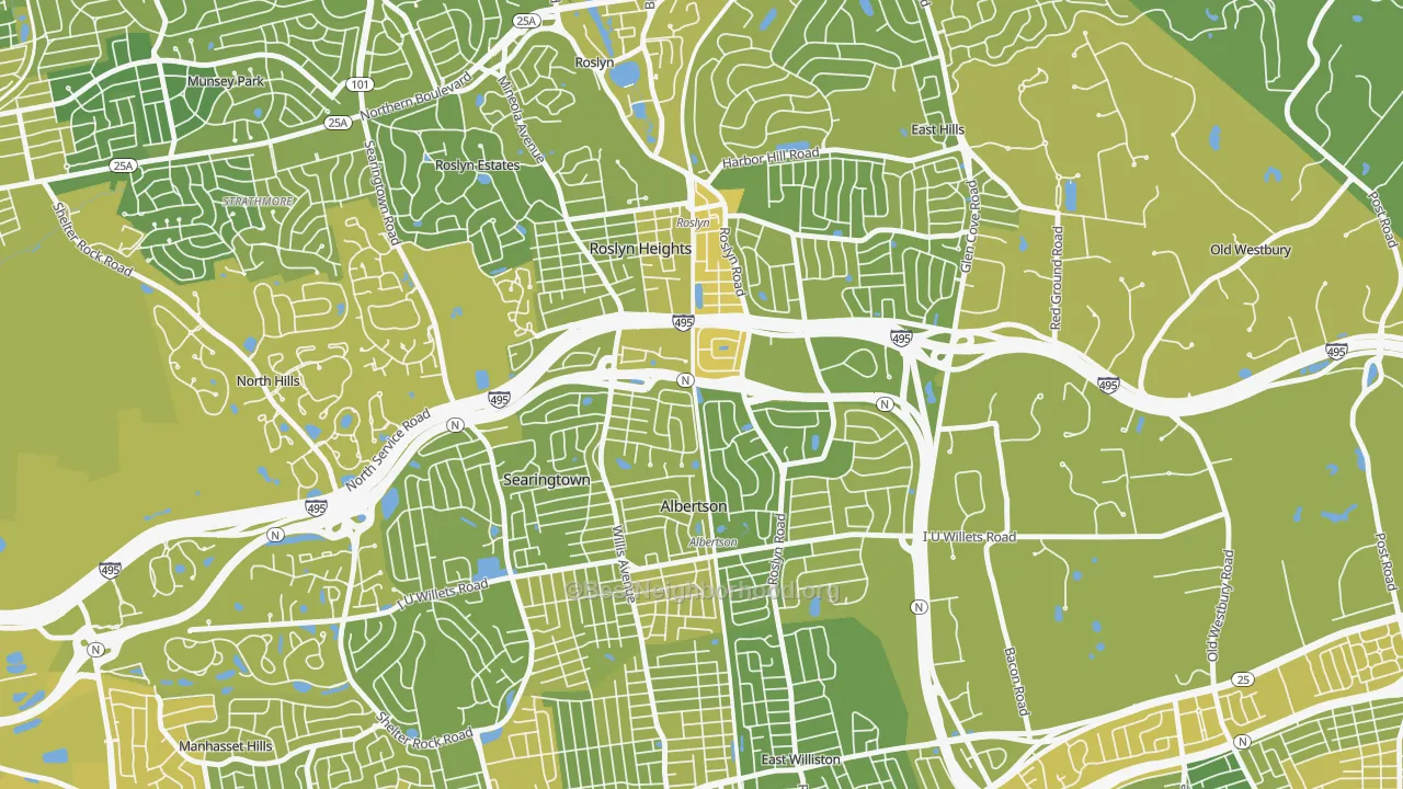Map of the best neighborhoods in the Roslyn Heights area, with better matches in green and worse matches in red