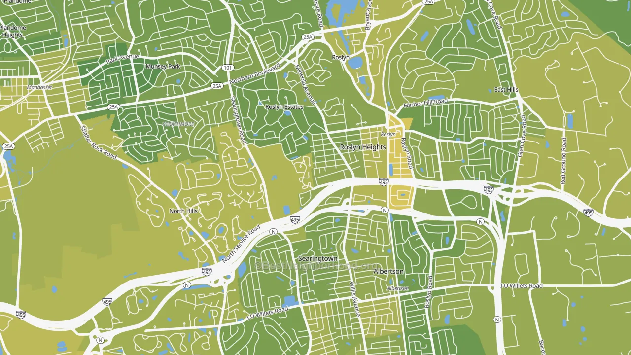 Map of the best neighborhoods in the Roslyn area, with better matches in green and worse matches in red
