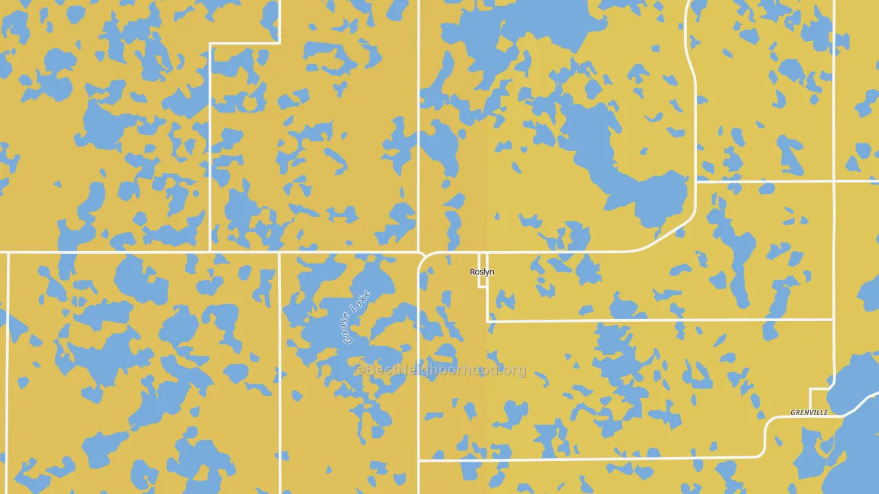 Map of the best neighborhoods in the Roslyn area, with better matches in green and worse matches in red