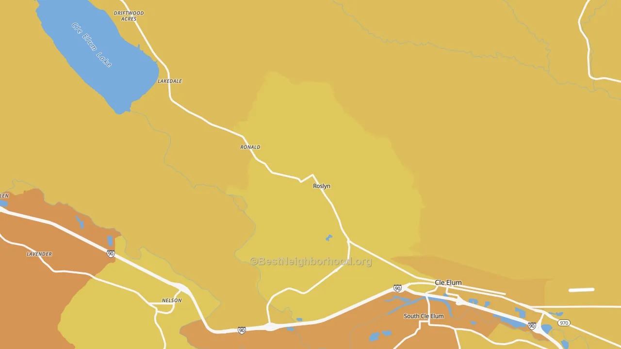 Map of the best neighborhoods in the Roslyn area, with better matches in green and worse matches in red