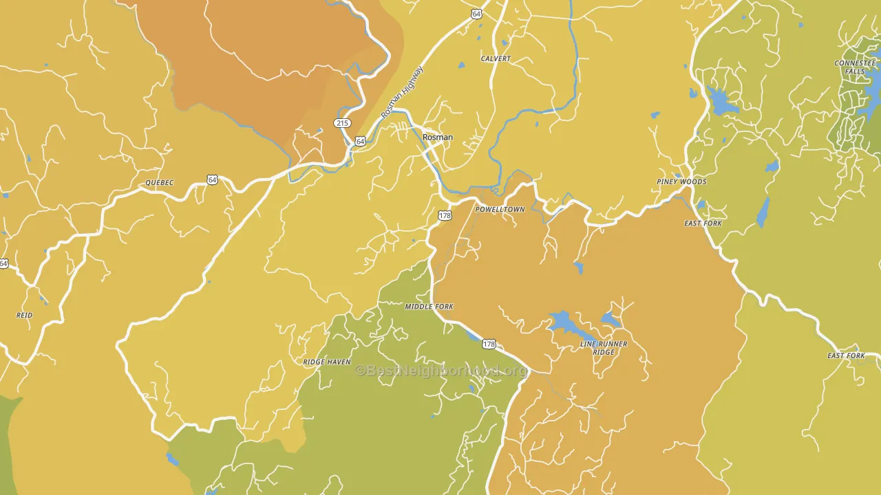 Map of the best neighborhoods in the Rosman area, with better matches in green and worse matches in red