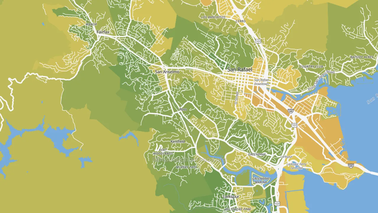 Map of the best neighborhoods in the Ross area, with better matches in green and worse matches in red