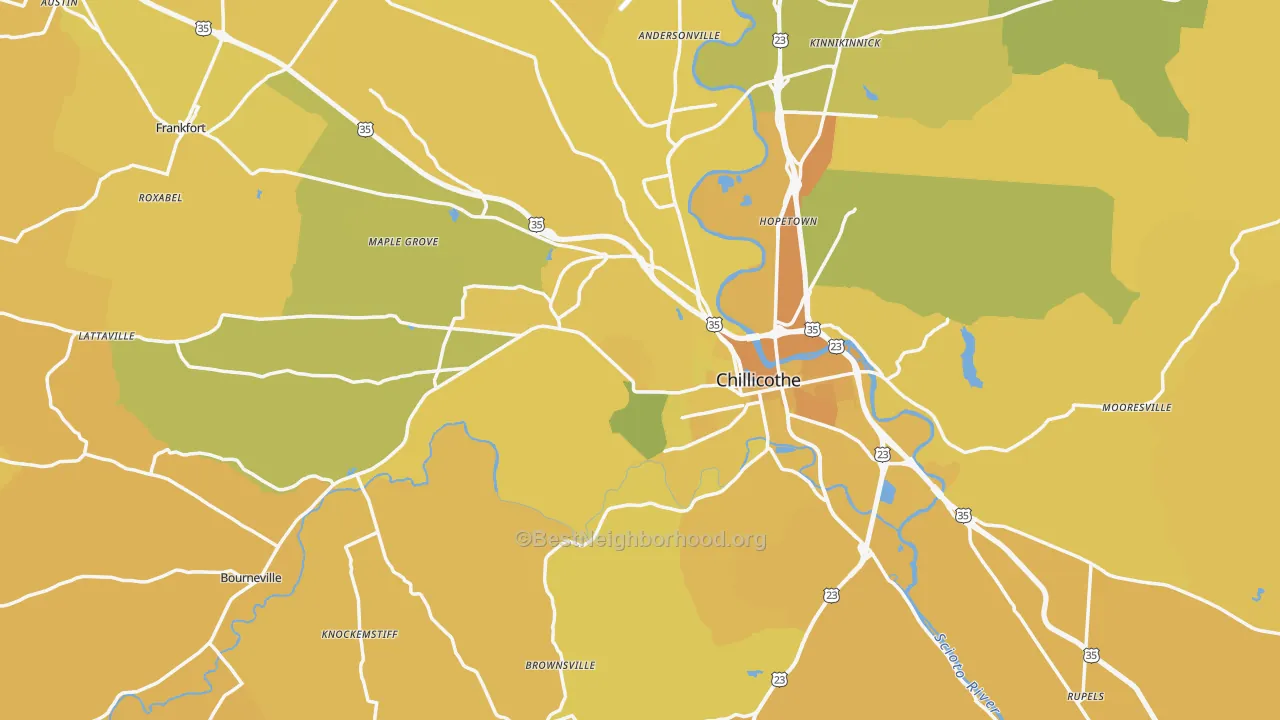 Map of the best neighborhoods in the Ross County area, with better matches in green and worse matches in red