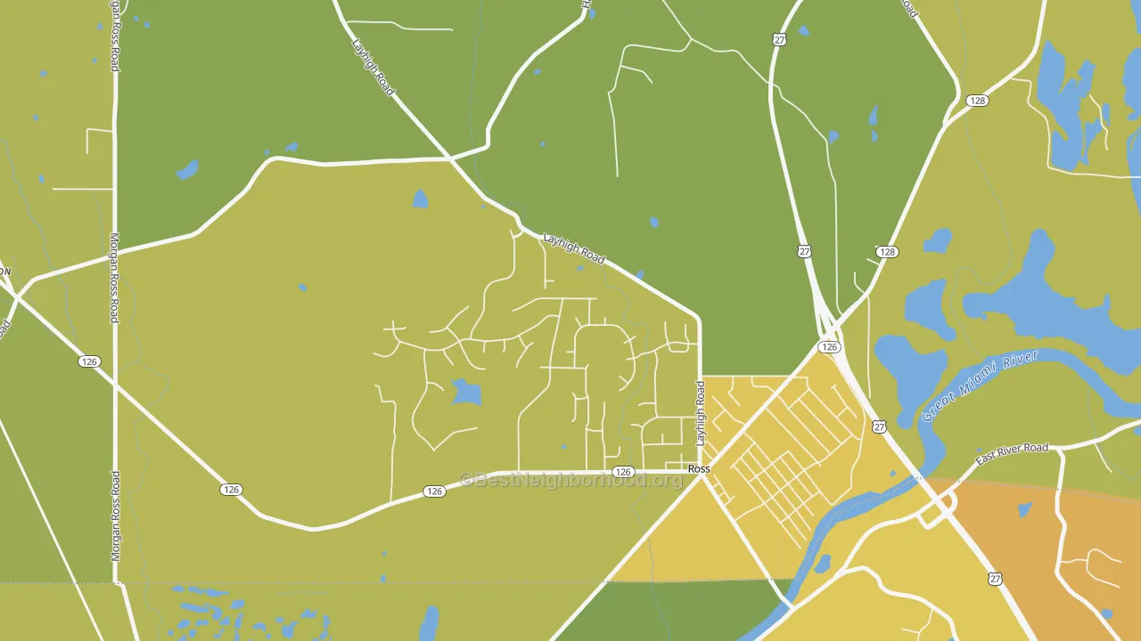 Map of the best neighborhoods in the Ross area, with better matches in green and worse matches in red